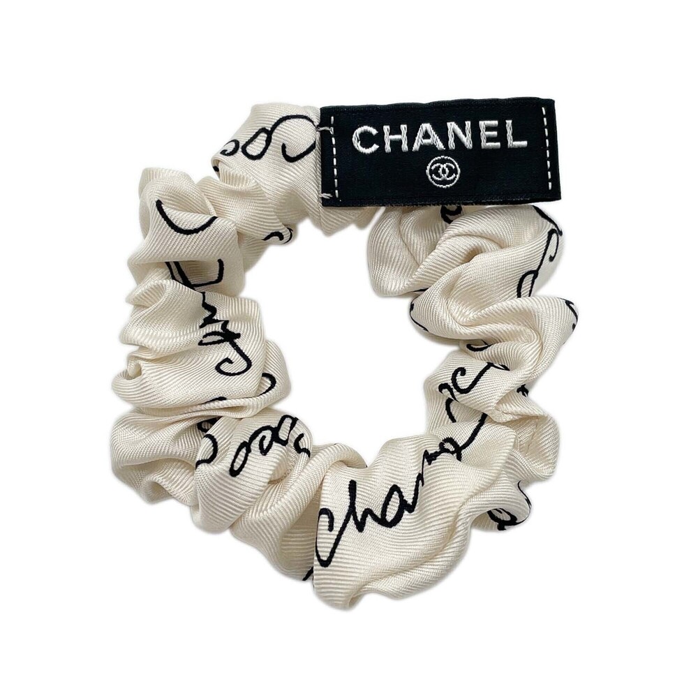 CHANEL logo scrunchie hair tie accessory silk white women's